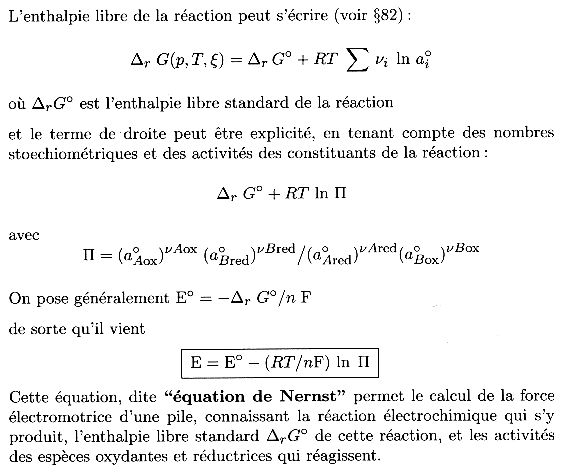 Oxydo reduction potentiel equation Nernst