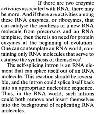 Monde ARN RNA world protein DNA ribozyme riboswitche endosymbiose prebiotique LUCA Gilbert biochimej